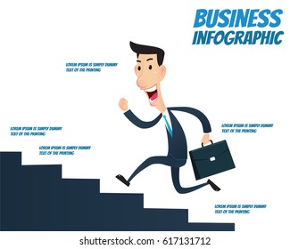 Business infographic - Businessman running up the stairs.
