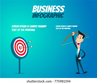Business infographic - A businessman so very happy when he uses bow shoot at the target and be successful.