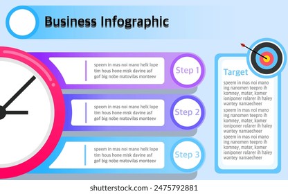 Business infographic, challenges, three steps infographic, 3 steps, target with time, way to success, fresh colors 