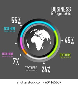 Business infographic chart diagram with circle percentage and globe icon on gray background vector illustration