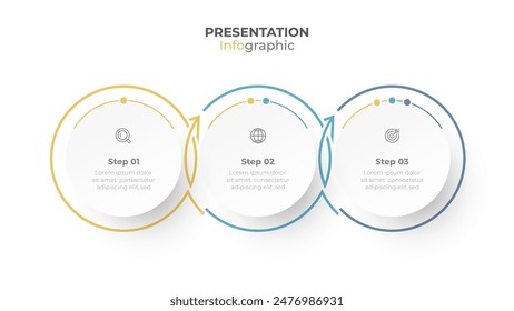 Diseño de etiquetas de círculos de infografía de negocios con iconos de marketing y 3 pasos u opciones. Ilustración vectorial.