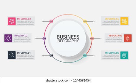 Business infographic. Circles process design arrows line with 6 steps, options. Vecter template for presentation. 