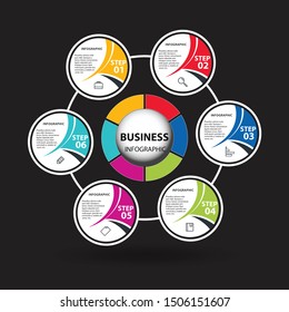 Business infographic colorful circles design. infograph concept with 6 options, parts, steps or processes, can be used for graph, diagram, web, workflow layout, presentation and chart