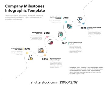 Business infographic for company milestones timeline template with dashed path and colored line icons. Easy to use for your website or presentation.