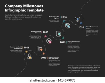 Business infographic for company milestones timeline template with dashed path and colored line icons - dark version. Easy to use for your website or presentation.