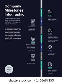 Business infographic for company milestones timeline template with line icons - dark version. Easy to use for your website or presentation.