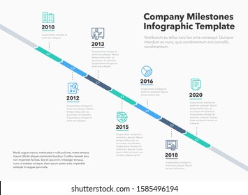 Business infographic for company milestones timeline template with line icons. Easy to use for your website or presentation.