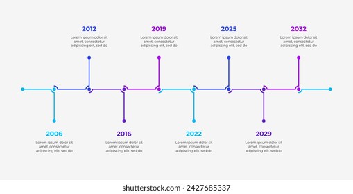 Business-Infografik für Unternehmens-Meilensteine Zeitplanvorlage mit Jahren. Konzept der Geschäftsentwicklung mit 8 Prozessen