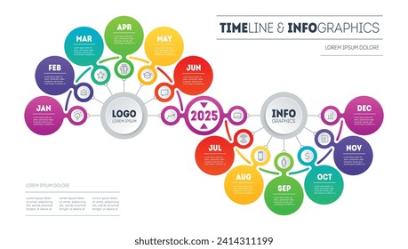 Business Infographic concept with 12 steps, points, parts, or technology processes. Template for calendar. Cool Diagram or graph with icons. Transformation plan for the twelve months.