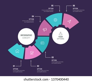 Business infographic concept with 6 steps, options, label, design with marketing icons. Vector template for presentation. EPS10