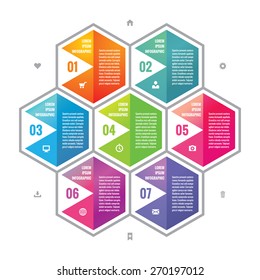 Business infographic concept colored hexagon blocks in flat style. Steps or numbered options infograph vector template. Design elements.