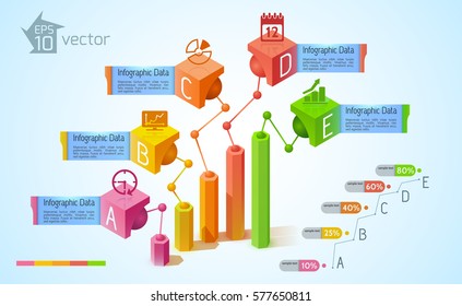 Business infographic concept with colorful 3d columns five options text banners icons on squares vector illustration