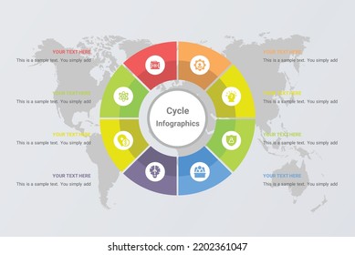 Business infographic concept - creative vector layout with icons. Globe and arrows illustration. Circles and cycle 8