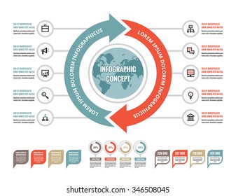 Business infographic concept - creative vector layout with icons. Globe and arrows illustration. Circles and cycle. Infographics elements.
