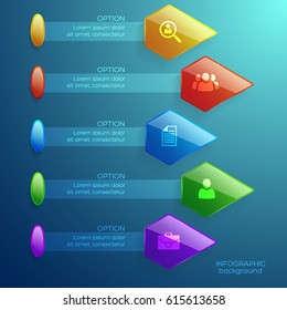 Business infographic concept with horizontal banners colorful glossy pentagons and icons on turquoise background vector illustration