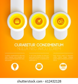 Business infographic concept with icons on yellow circles and vertical round banners on light background vector illustration