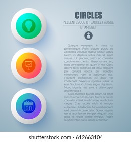 Business infographic concept with similar colorful circles with office app pictograms and place for editable text vector illustration