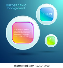 Business infographic concept with text note icon colorful glass square buttons and light circles isolated vector illustration