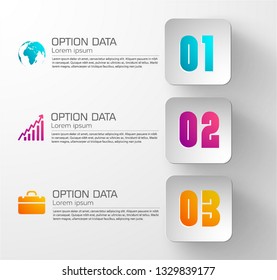 Business infographic concept with three squares and colorful icons on gray background vector illustration