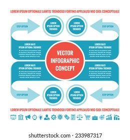 Business infographic concept - vector template illustration in blue and red colors. Original creative scheme with arrows, circles, blocks and icons set. Design elements. 