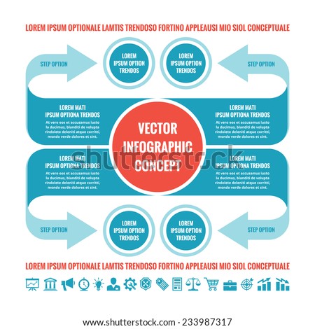 Business infographic concept - vector template illustration in blue and red colors. Original creative scheme with arrows, circles, blocks and icons set. Design elements. 