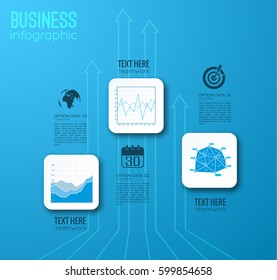 Business infographic concept with white squares three options vertical arrows and icons on blue background vector illustration
