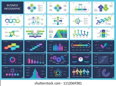 Business infographic creative design set can be used for annual report, web design, workflow layout. Workflow concept. Option, venn, cycle, donut charts, bar graph, flowchart