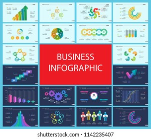 Business infographic creative design set can be used for annual report, web design, workflow layout. Workflow concept. Option, venn, cycle, donut charts, bar graph, flowchart