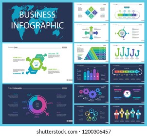 Business infographic creative design set can be used for annual report, web design, workflow layout. Workflow concept. Option, venn, cycle, donut charts, bar graph, flowchart