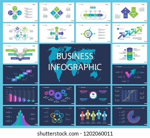 Business infographic creative design set can be used for annual report, web design, workflow layout. Workflow concept. Option, venn, cycle, donut charts, bar graph, flowchart