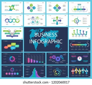 Business infographic creative design set can be used for annual report, web design, workflow layout. Workflow concept. Option, venn, cycle, donut charts, bar graph, flowchart