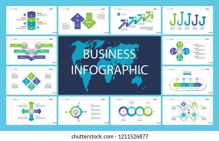 Business infographic creative design set can be used for annual report, web design, workflow layout. Workflow concept. Option, venn, cycle, donut charts, bar graph, flowchart