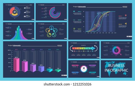 Business infographic creative design set can be used for annual report, web design, workflow layout. Workflow concept. Option, venn, cycle, donut charts, bar graph, flowchart