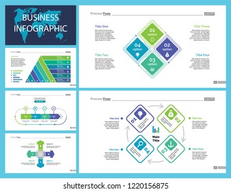 Business infographic creative design set can be used for annual report, web design, workflow layout. Workflow concept. Option, venn, cycle, donut charts, bar graph, flowchart
