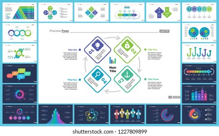 Business infographic creative design set can be used for annual report, web design, workflow layout. Workflow concept. Option, venn, cycle, donut charts, bar graph, flowchart