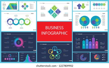 Business infographic creative design set can be used for annual report, web design, workflow layout. Workflow concept. Option, venn, cycle, donut charts, bar graph, flowchart