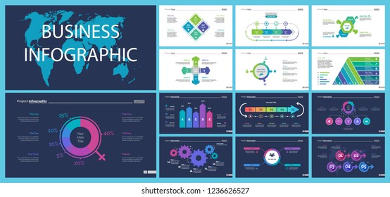 Business infographic creative design set can be used for annual report, web design, workflow layout. Workflow concept. Option, venn, cycle, donut charts, bar graph, flowchart