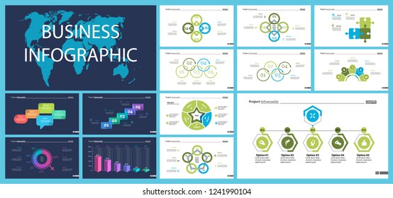 Business infographic creative design set can be used for annual report, web design, workflow layout. Workflow concept. Option, venn, cycle, donut charts, bar graph, flowchart