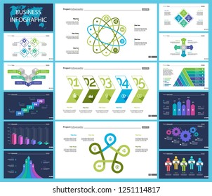 Business infographic creative design set can be used for annual report, web design, workflow layout. Workflow concept. Option, venn, cycle, donut charts, bar graph, flowchart