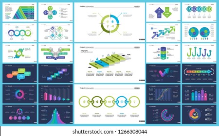 Business infographic creative design set can be used for annual report, web design, workflow layout. Workflow concept. Option, venn, cycle, donut charts, bar graph, flowchart
