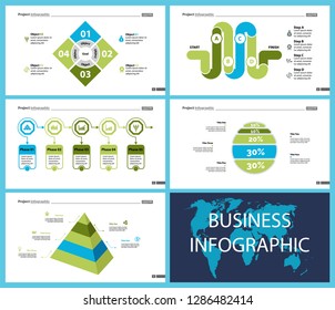 Business infographic creative design set can be used for annual report, web design, workflow layout. Workflow concept. Option, venn, cycle, donut charts, bar graph, flowchart