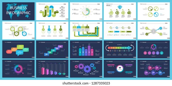 Business infographic creative design set can be used for annual report, web design, workflow layout. Workflow concept. Option, venn, cycle, donut charts, bar graph, flowchart