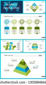 Business infographic creative design set can be used for annual report, web design, workflow layout. Workflow concept. Option, venn, cycle, donut charts, bar graph, flowchart