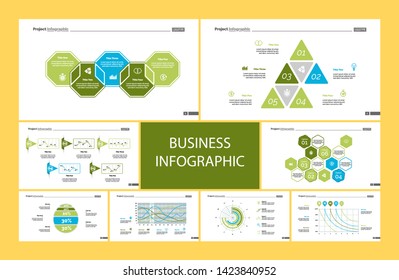 Business infographic creative design set can be used for annual report, web design, workflow layout. Workflow concept. Option, venn, cycle, donut charts, bar graph, flowchart