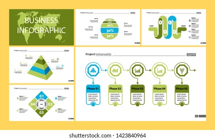 Business infographic creative design set can be used for annual report, web design, workflow layout. Workflow concept. Option, venn, cycle, donut charts, bar graph, flowchart