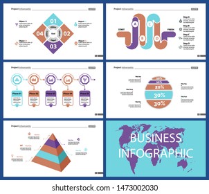 Business infographic creative design set can be used for annual report, web design, workflow layout. Workflow concept. Option, venn, cycle, donut charts, bar graph, flowchart