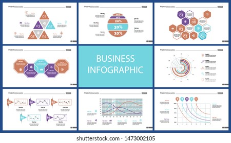 Business infographic creative design set can be used for annual report, web design, workflow layout. Workflow concept. Option, venn, cycle, donut charts, bar graph, flowchart