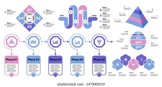 Business infographic creative design set can be used for annual report, web design, workflow layout. Workflow concept. Option, venn, cycle, donut charts, bar graph, flowchart