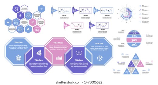 Business infographic creative design set can be used for annual report, web design, workflow layout. Workflow concept. Option, venn, cycle, donut charts, bar graph, flowchart