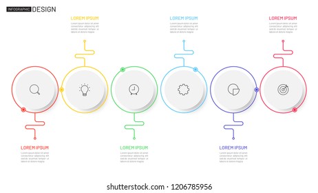 Business infographic creative design template for presentation. Timeline with 6 options, circles, linear processes. Vector illustration.